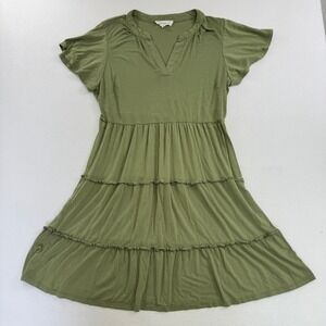 Lucky Brand Womens Tiered‎ Mini Dress Olive Green V-Neck Flutter Sleeve Large